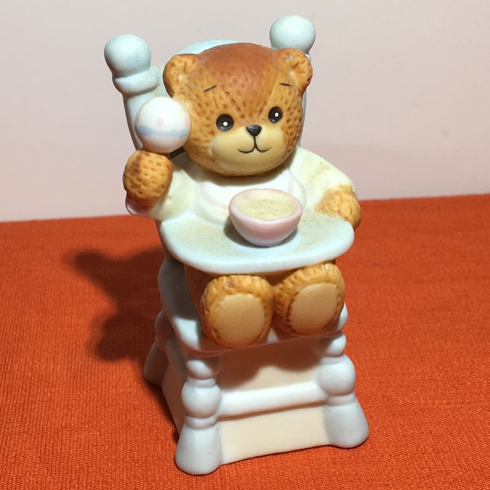 1986 Enesco Lucy Rigg Baby Bear in Highchair